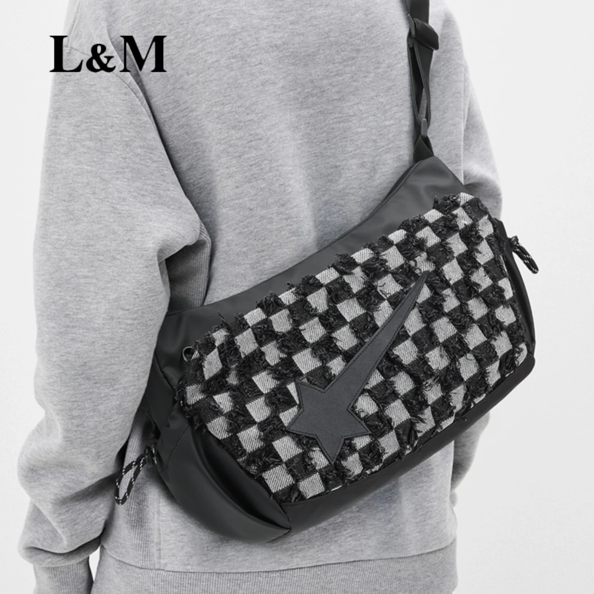 

L&M Shoulder Bag in Black Fashion Checkerboard Style Adjustable Shoulder Strap K-210