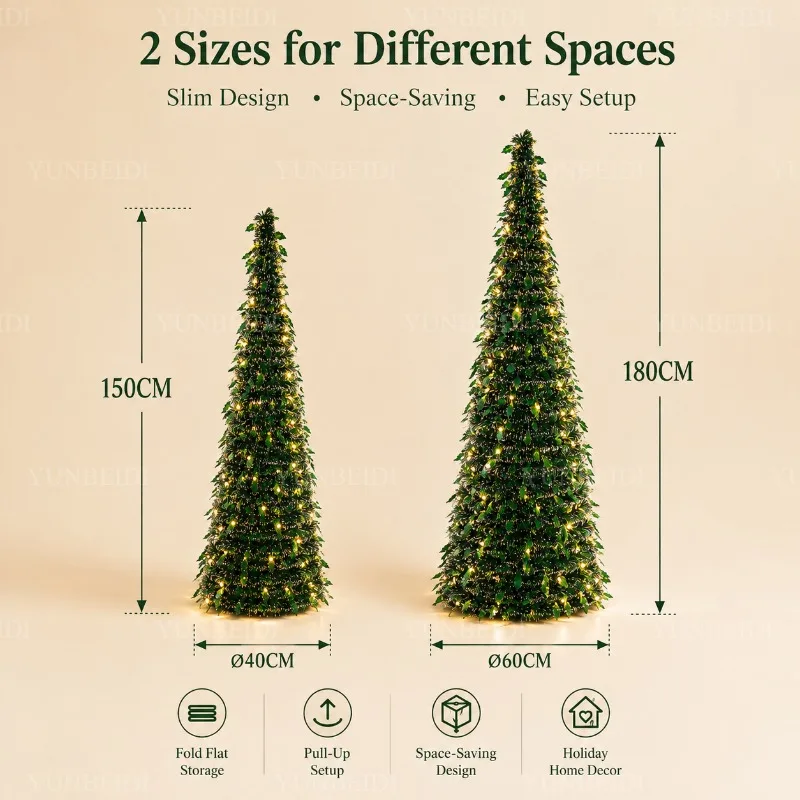 Foldable Artificial Christmas Tree 150cm/180cm with LED Lights Integrated Christmas Tree Family Christmas Party Scene Decoration