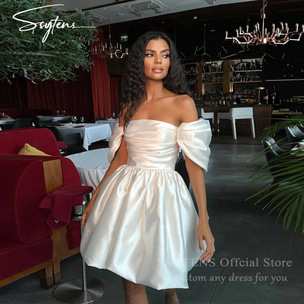 

SSYTENS Simple Soft Satin Mini Bride Wedding Dresses Off The Shoulder Bride Formal Party Dress Pleats Short Sleeves Bridal Gowns