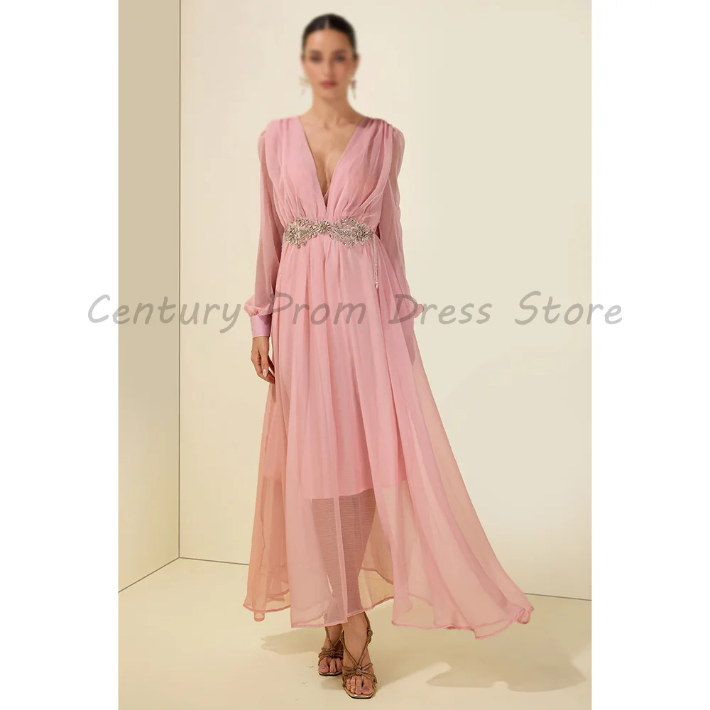 Pink Chiffon Midi Evening Dress Deep V Neck Long Puff Sleeves High Low Flowy Skirt Wedding Guest Formal Gown