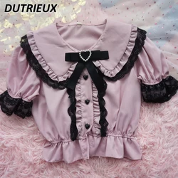 Lolita Lace Doll Collar Sweet Cool Love Short Sleeve Shirt Women's Blouse Summer New Sweet Girl Cute Loose Student Shirts Top