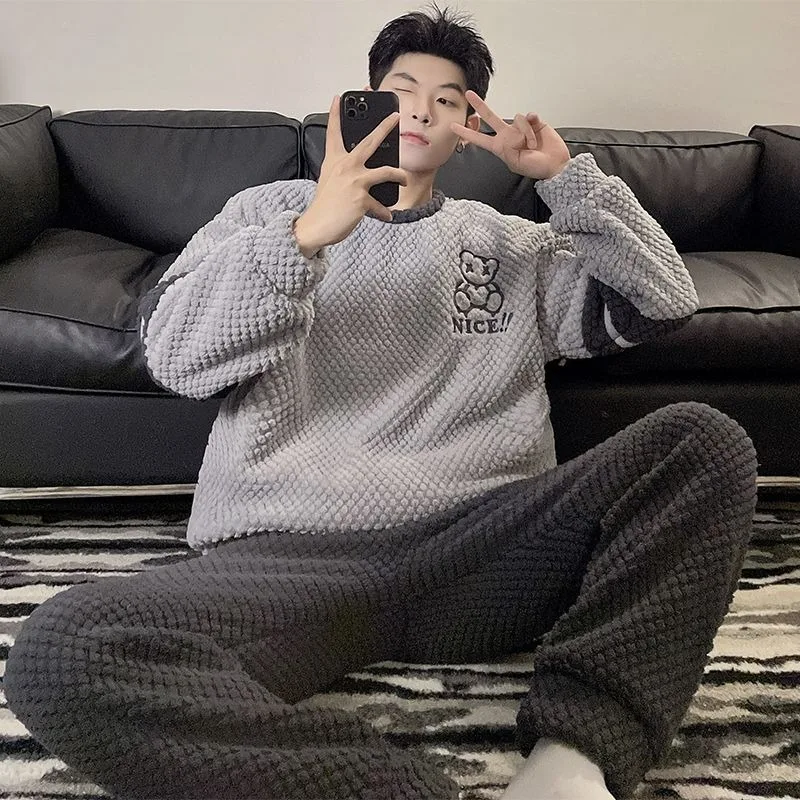 

Men Pajamas Autumn Winter Male Coral Fleece Thickened Nightclothes Suit Simple Loose Casual Round Collar Warm Homewear Sets 2024