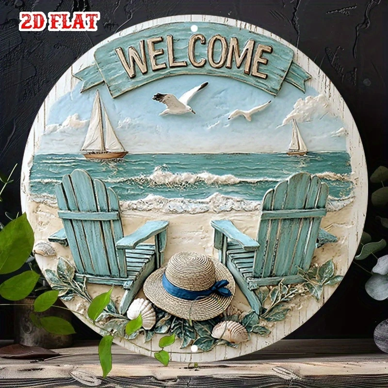 Coastal Welcome Sign 2D 8in Wooden Circular with Beach Chair Sailing Boat Seagull Elements for Cafe Or Beach House Outdoor Decor