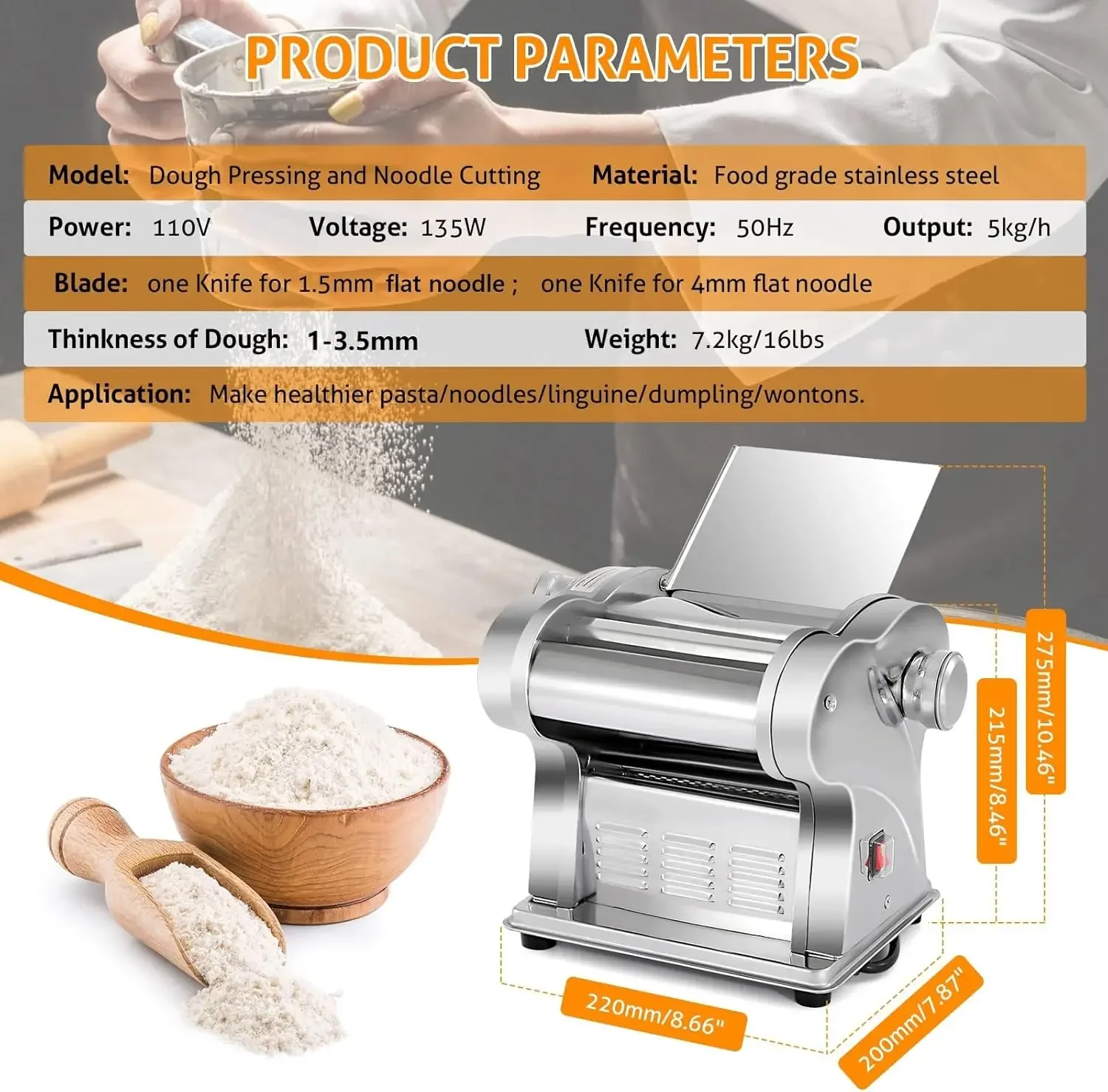 Electric Pasta Maker Machine Pasta Dough Spaghetti Roller Noodle Pressing Machine Stainless Steel 135W for Home Family Use (1.5m