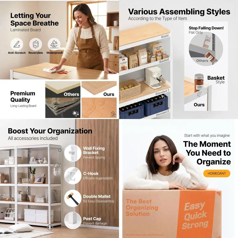 

5-ярусный металлический стеллаж с ламинированными полками - регулируемая система хранения для кухни, гаража, кладовой и гардеробной, белый, 36,2 дюйма (ширина)