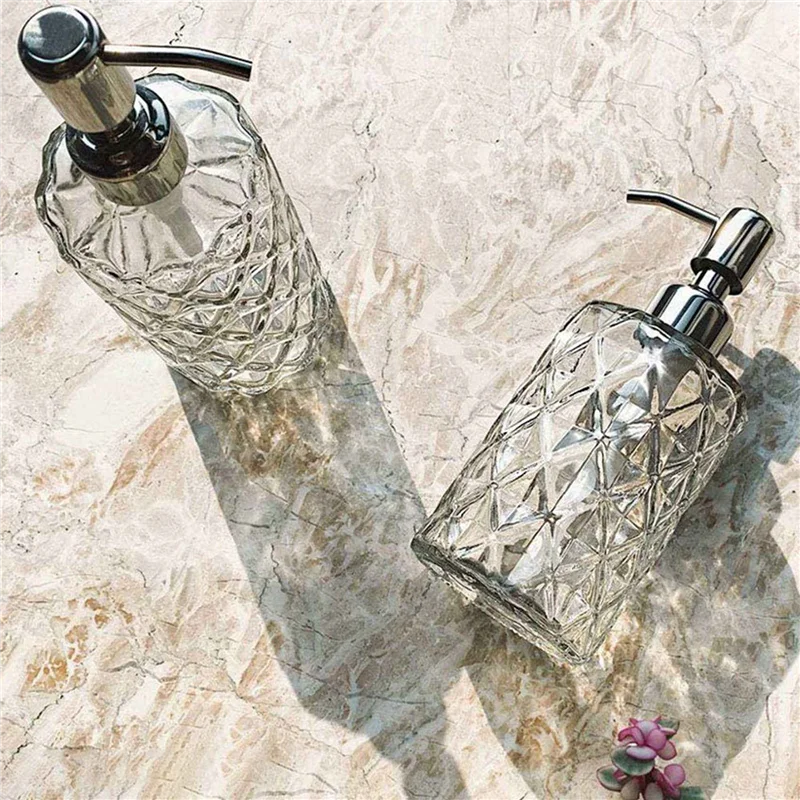 

A98E-2X Diamond Embossed Glass Soap Dispenser With 304 Rustproof Stainless Steel Pump, Bathroom Soap Dispenser