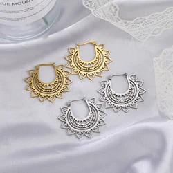 Skyrim Ethnic Mandala Lotus Flower Hoop Earrings Stainless Steel Gold Color Earring 2025 Bohemia Wedding Jewelry Gift for Women