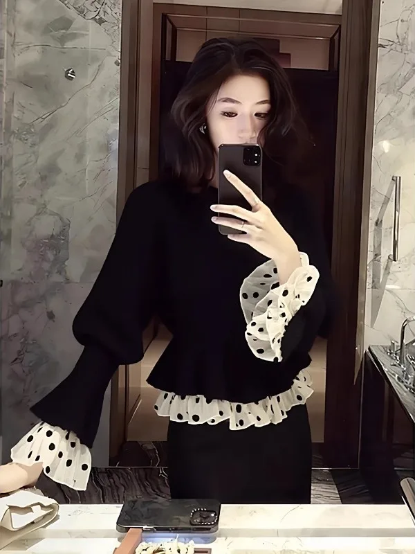 

plus Size Women's Fashionable Korean Style Polka Dot Knitwear Black Splicing Slimming Personality Matching Commute Inner Wear