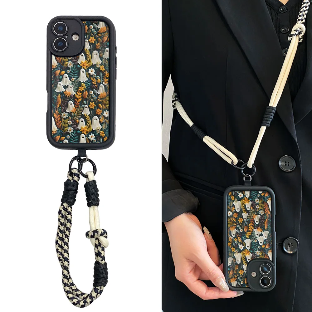 Ypm5Halloween Ghost Crossbody الحبل الحال بالنسبة آيفون 16 15 14 13 12 11 17 برو ماكس XS ماكس XR 7 8 زائد سلسلة المعصم حبل طويل غطاء
