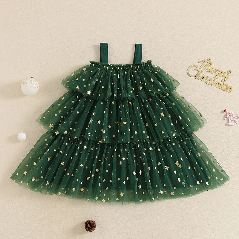 Pudcoco Summer Christmas Kids Girl Stars Dress Sleeveless Layered Tulle Dress Plush Ball Xmas Clothes