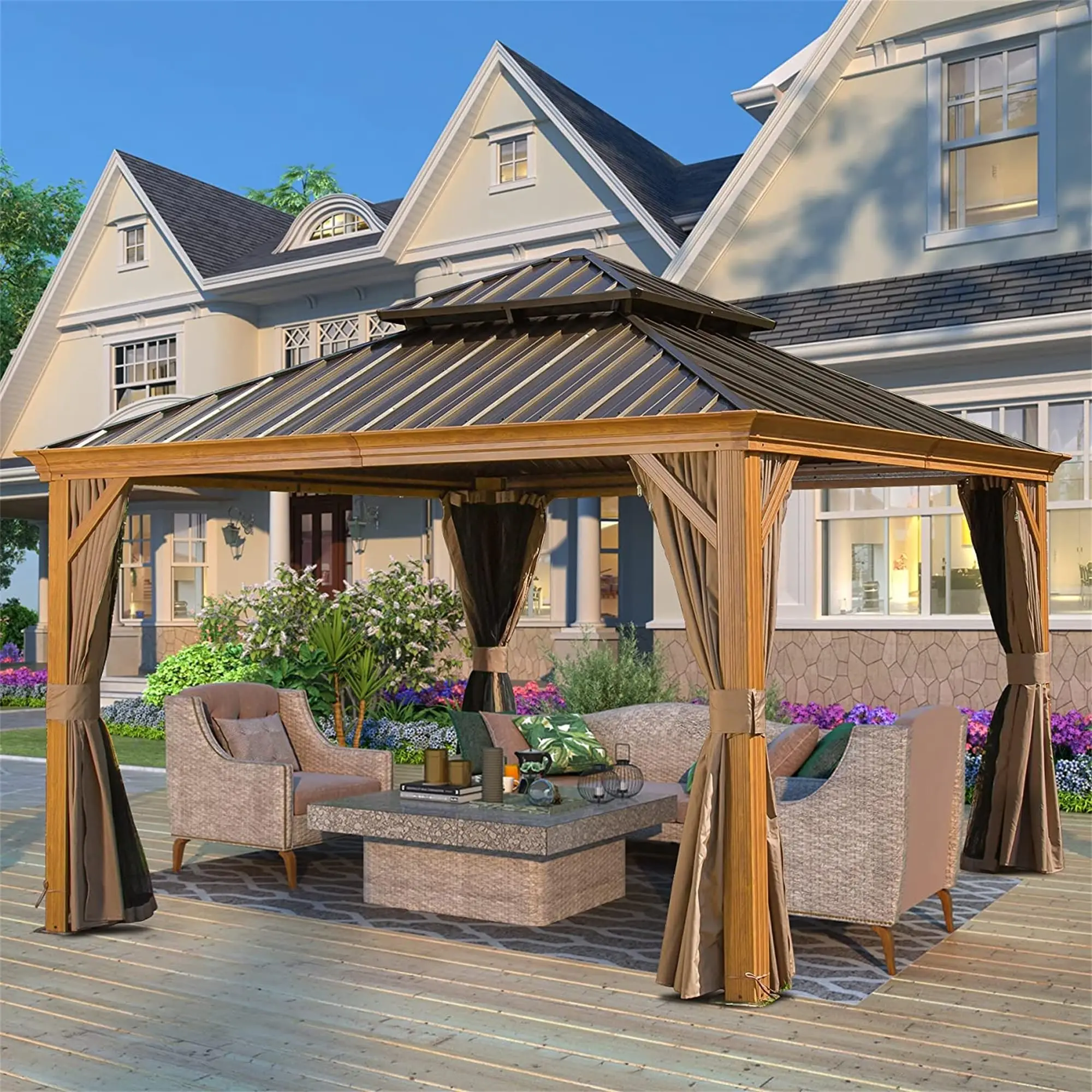 High Quality Wooden Coated Aluminum Frame Metal Pergola Waterproof Outdoor Hardtop Gazebo With Curtains And Netting