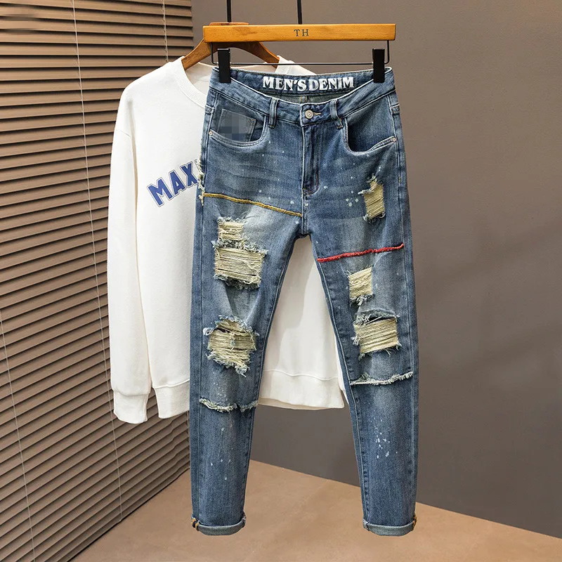 Gepersonaliseerde Distressed Patch Jeans Trendy Elastische Rechte Pijpen Modieuze Casual Denim Broek Gat Broek Blauw Maat 38