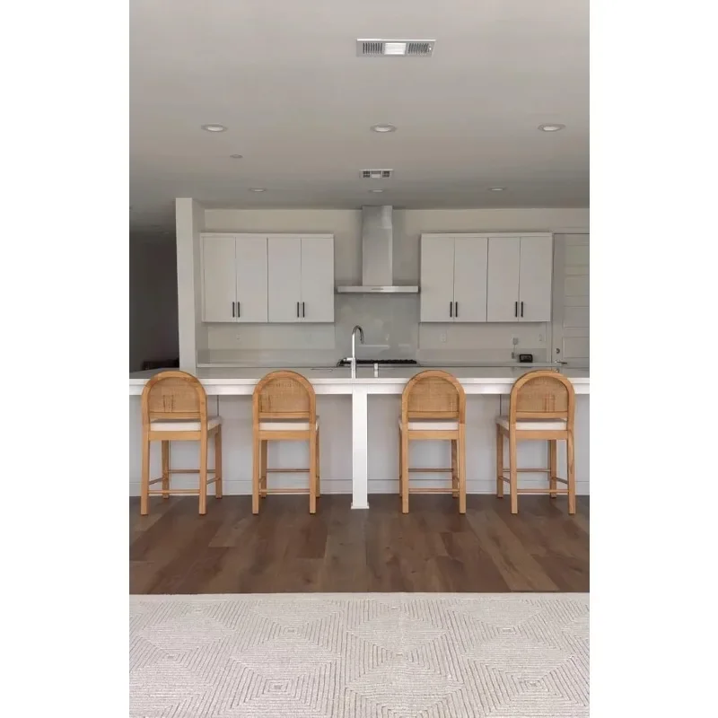 Bailey Upholstered Rattan Bar Stool in Oak Finish Frame, Counter Height Stool with Natural Rattan Woven Back For Kitchen Island