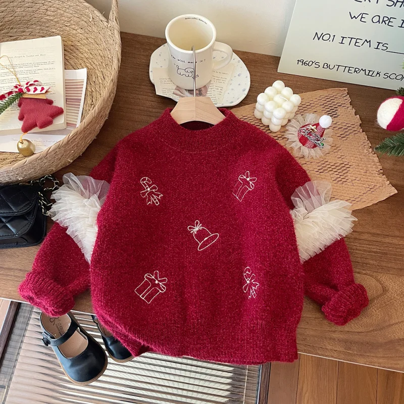 New Year Girls' Wine Red Chenille Snowflake Velvet Sweater Mesh Princess Style Children's Sweater Thick Winter Clothes