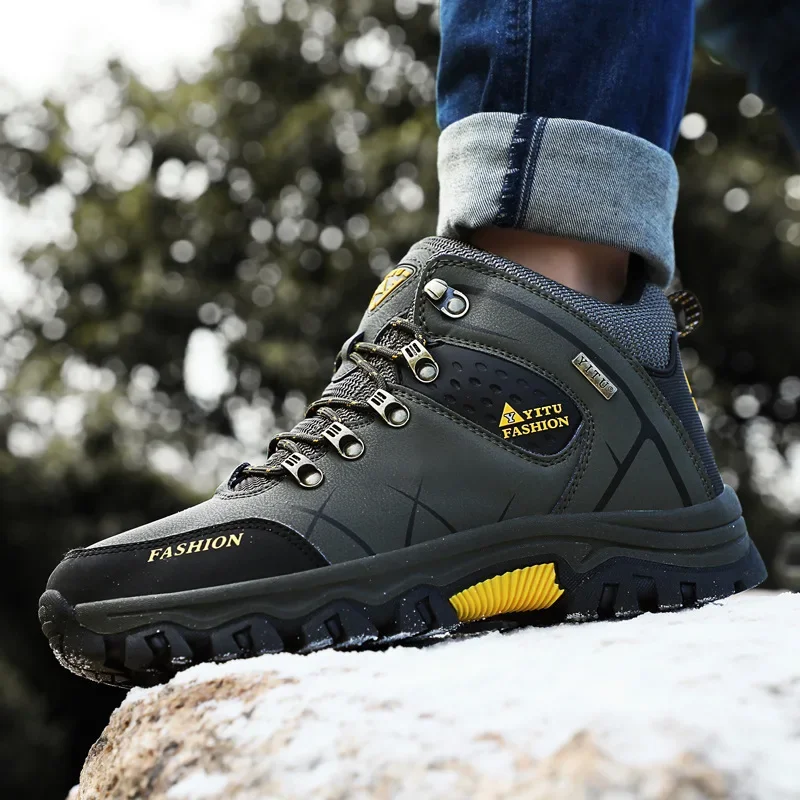 Brand Men Winter Snow Boots Waterproof Leather Sneakers Super Warm Men\'s Boots Outdoor Male Hiking Boots Work Shoes Size 39-47