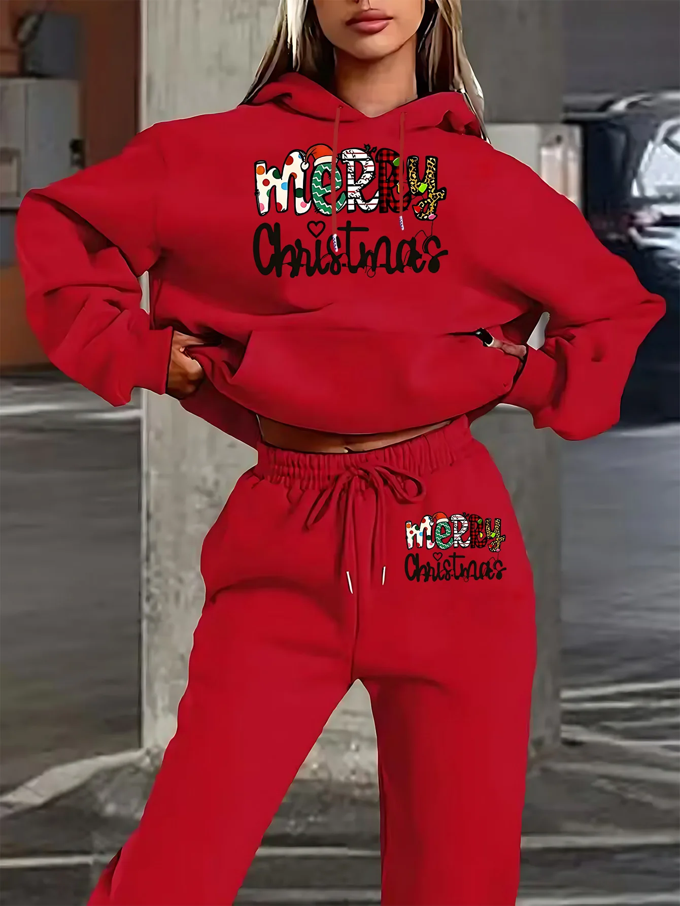 Women New Autumn Winter MERRY Letter Print Fleece‑Lined Hooded Sweatshirt Two‑Piece Set Casual Tracksuit For Ladies Daily Wear