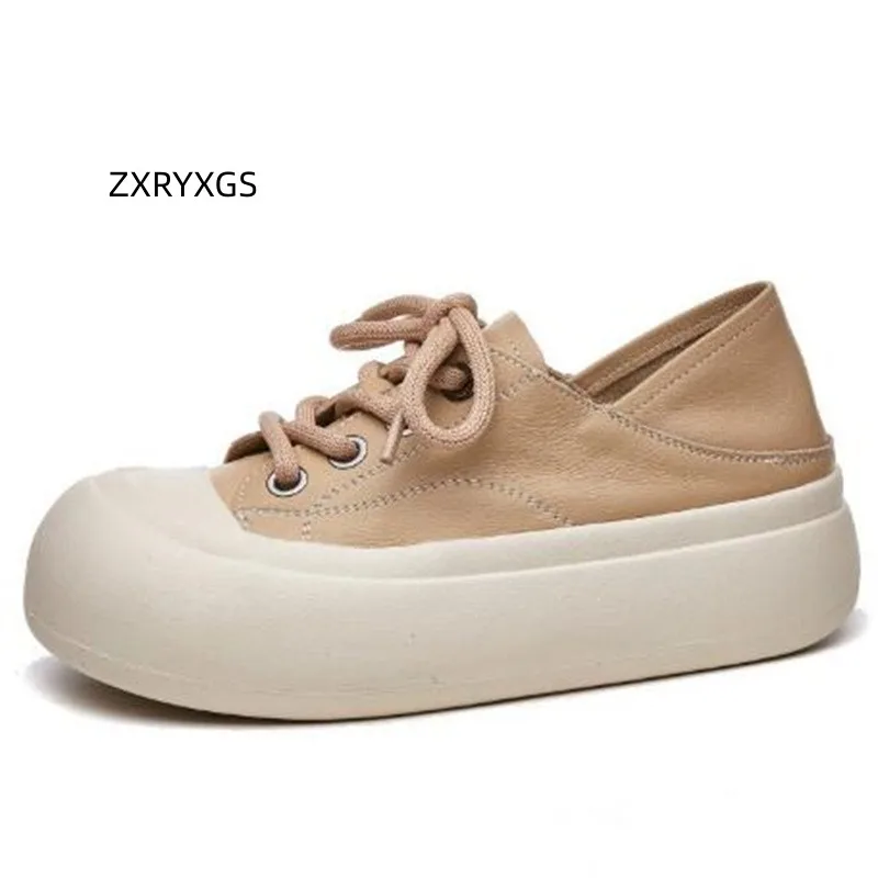 

ZXRYXGS 2023 Lace-up Big Round Toe Women Sneakers Casual Shoes Platform Heightening Shoes Genuine Leather Sneakers Tide Shoes