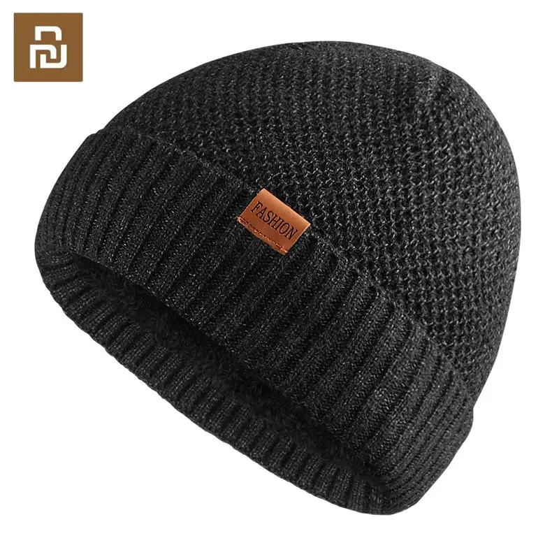 Youpin Winter Fashion Knitted Hat Cotton Cap Men's Outdoor Sports Skullies Beanie Hats Thick Warm Velvet Lining Skullies Bean