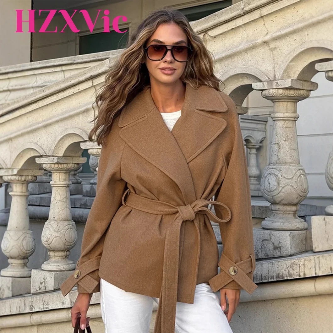 

HZXVic Women's Retro British Brown Woolen Coat with Suit Collar Elegant Loose Lace-Up Design for Ladies
