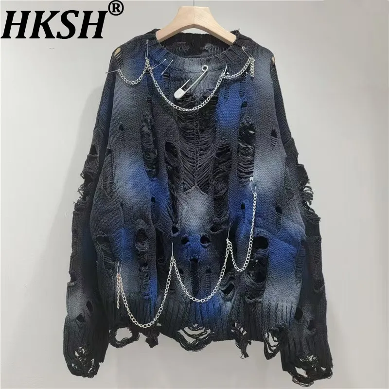HKSH Women Sweater Design Needle Chains Decoration Frayed Tie Dye Korean Style Fashion Loose Ins O-Neck Knitted Pullover HK26744