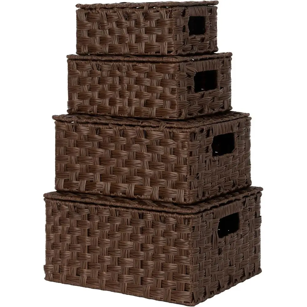

Set of 4 Brown Wicker Lidded Baskets for Storage and Organization