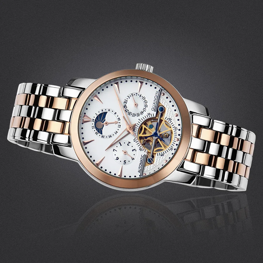 นาฬิกาข้อมือสวิส GUANQIN ใหม่ล่าสุดของผู้ชายระบบนาฬิกากลไกอัตโนมัติมู่เล่กันน้ำเรืองแสง