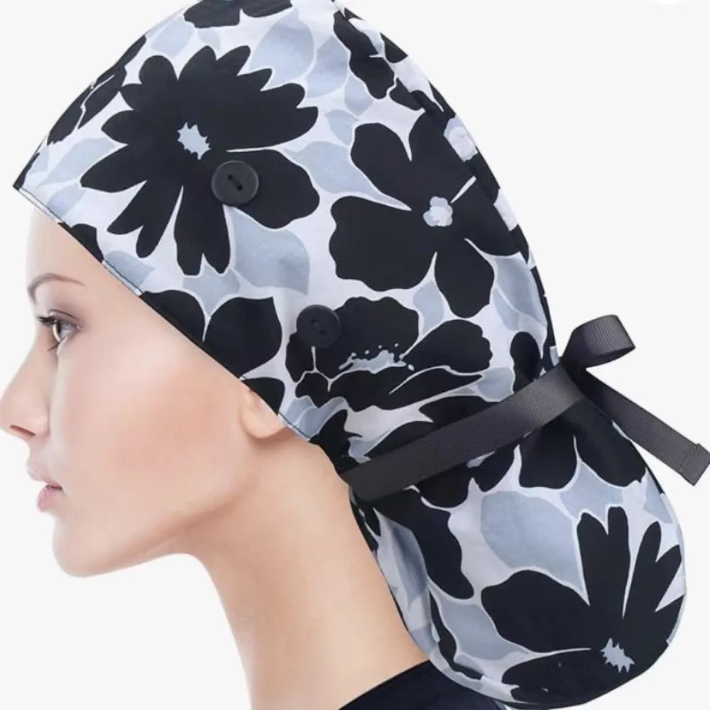 Practical Ponytail Pouch Satin Scrub Caps Adjustable Tie Frizz Reducing Working Cap Button Closure Nursing Hats Unisex