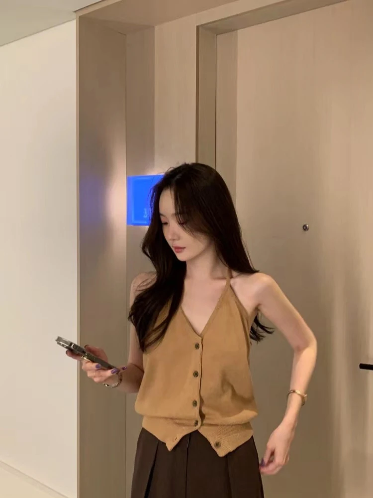 Chic V-Ne Gilet lavorato a maglia da donna Summer Bal Pure Desire Casual Trendy oulder Strap Top traspirante Vestibilità ampia Colore