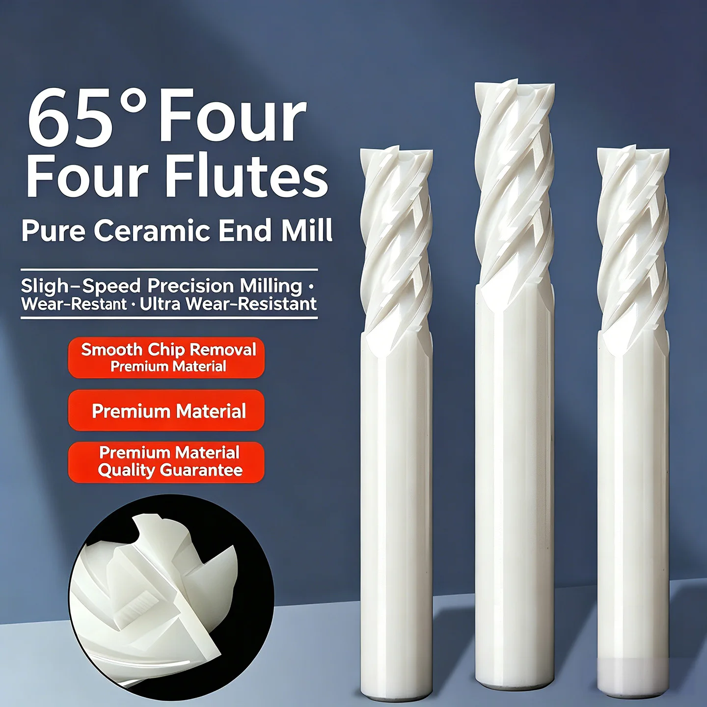 All-Ceramic End Mill, 4-Flute, Extended Helix, CNC, High-Temperature Alloy, Precision Machining for Aerospace, High-Speed Zircon
