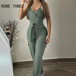 Women Solid Elegant with Belts Pocket Spaghetti Straps Sleeveless Working Overall Jumpsuit