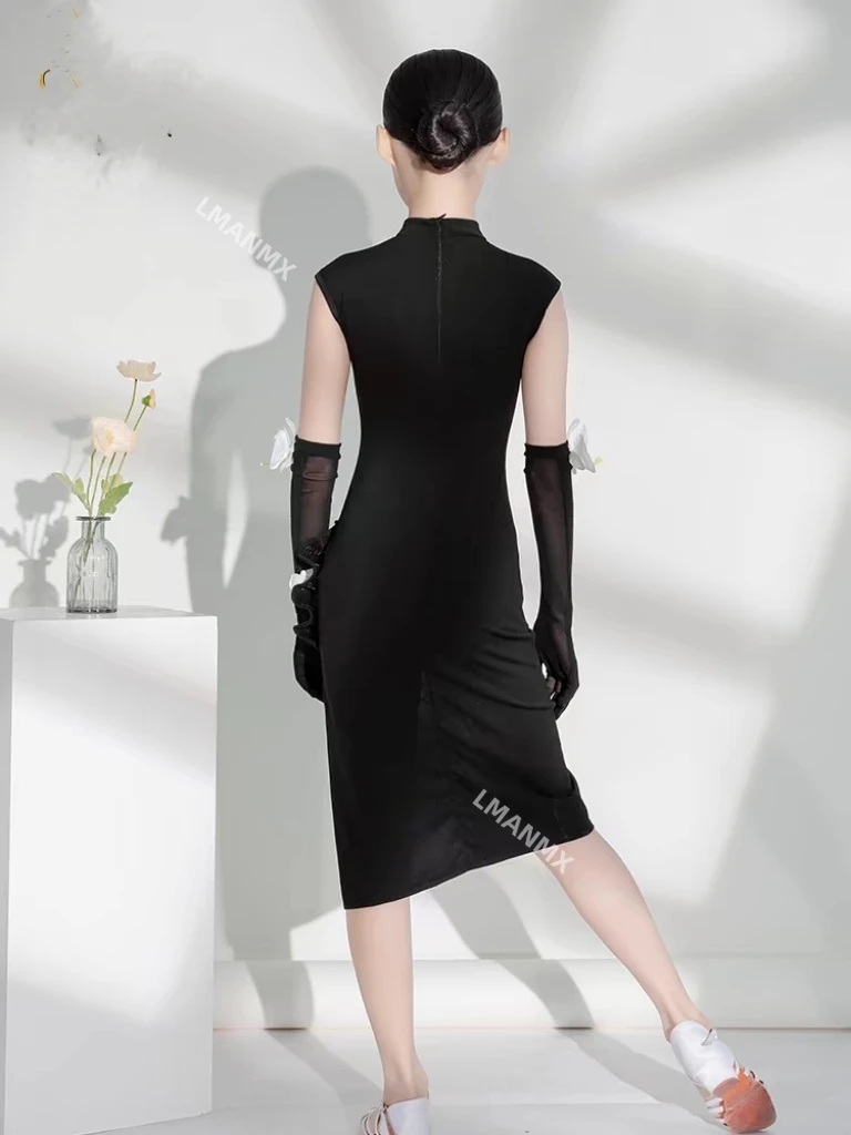 ラテンダンスドレス、女の子のパフォーマンスドレス、黒の競技用ドレス、スリムなチャイナドレスダンスドレス