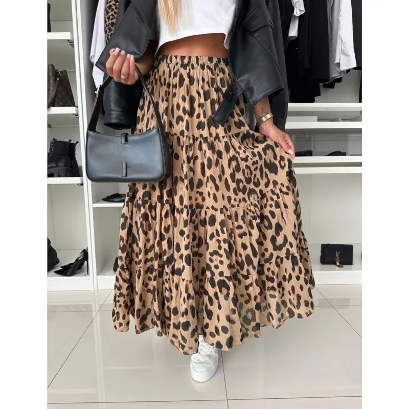 

Leopard Print Half Skirt Ladies 2025 New High Waisted Autumn A-line Swing Half Skirt For Women Street Style Versatile Long Skirt