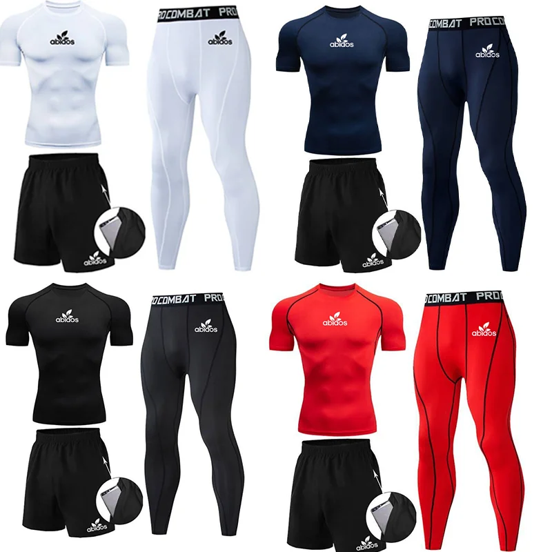 2025 جديد الأبيض الرجال قميص ضيق ضيق ، السراويل المرنة عادية تنوعا رياضة الجري تنفس التجفيف السريع الرجال ثلاث قطع مجموعة