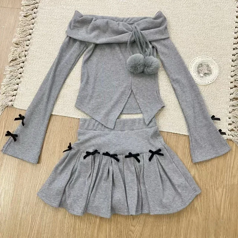 Design Chic Off Shoulder Slim 2-piece Set Women Elegant Sweet Lace Up Long Sleeve Grey Top Female + Elastic Waist Bow Skirt Suit