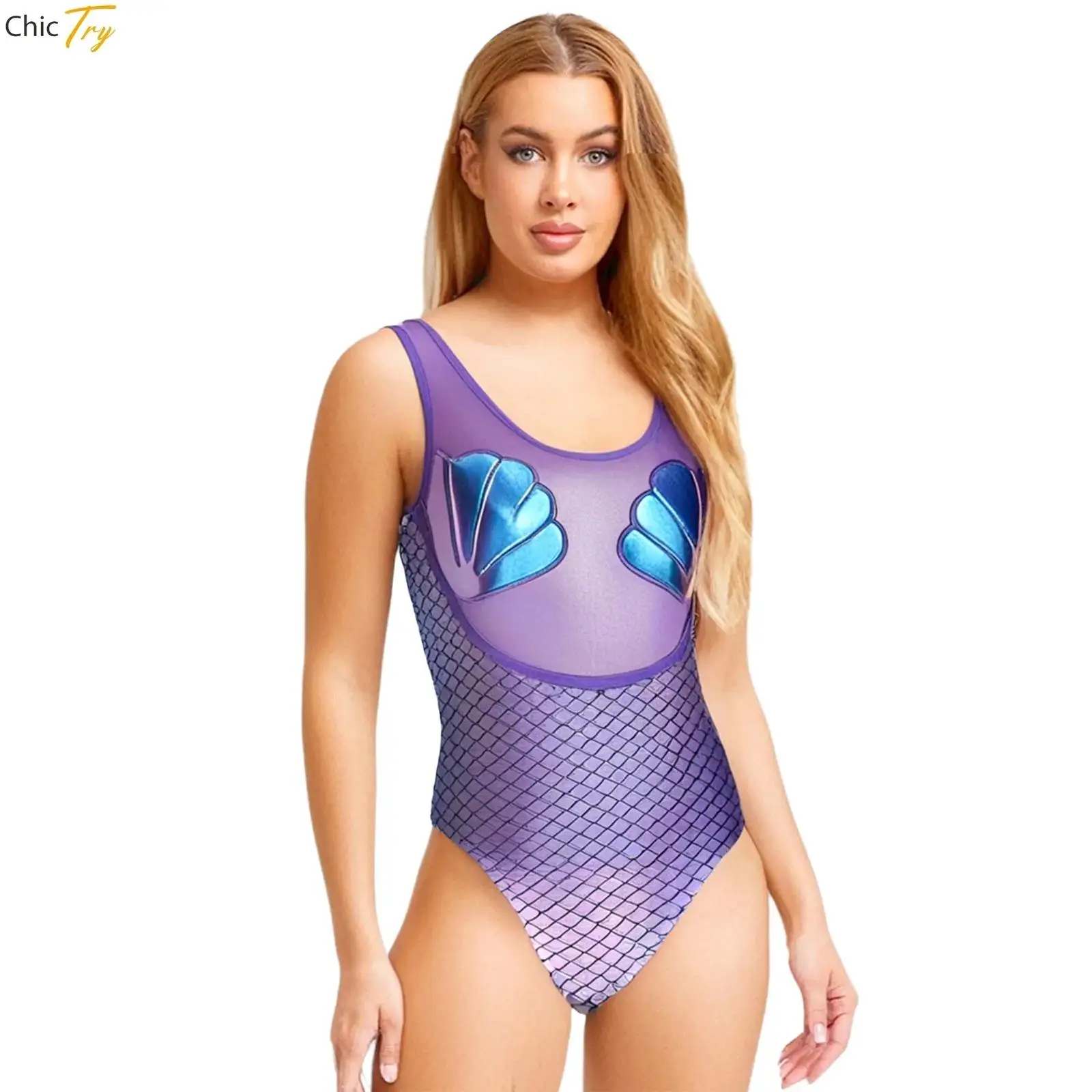 

Женские гимнастические трико без рукавов для взрослых, блестящий костюм русалки для косплея, чашки с гребешком, прозрачная сетка и боди с принтом рыбьей чешуи