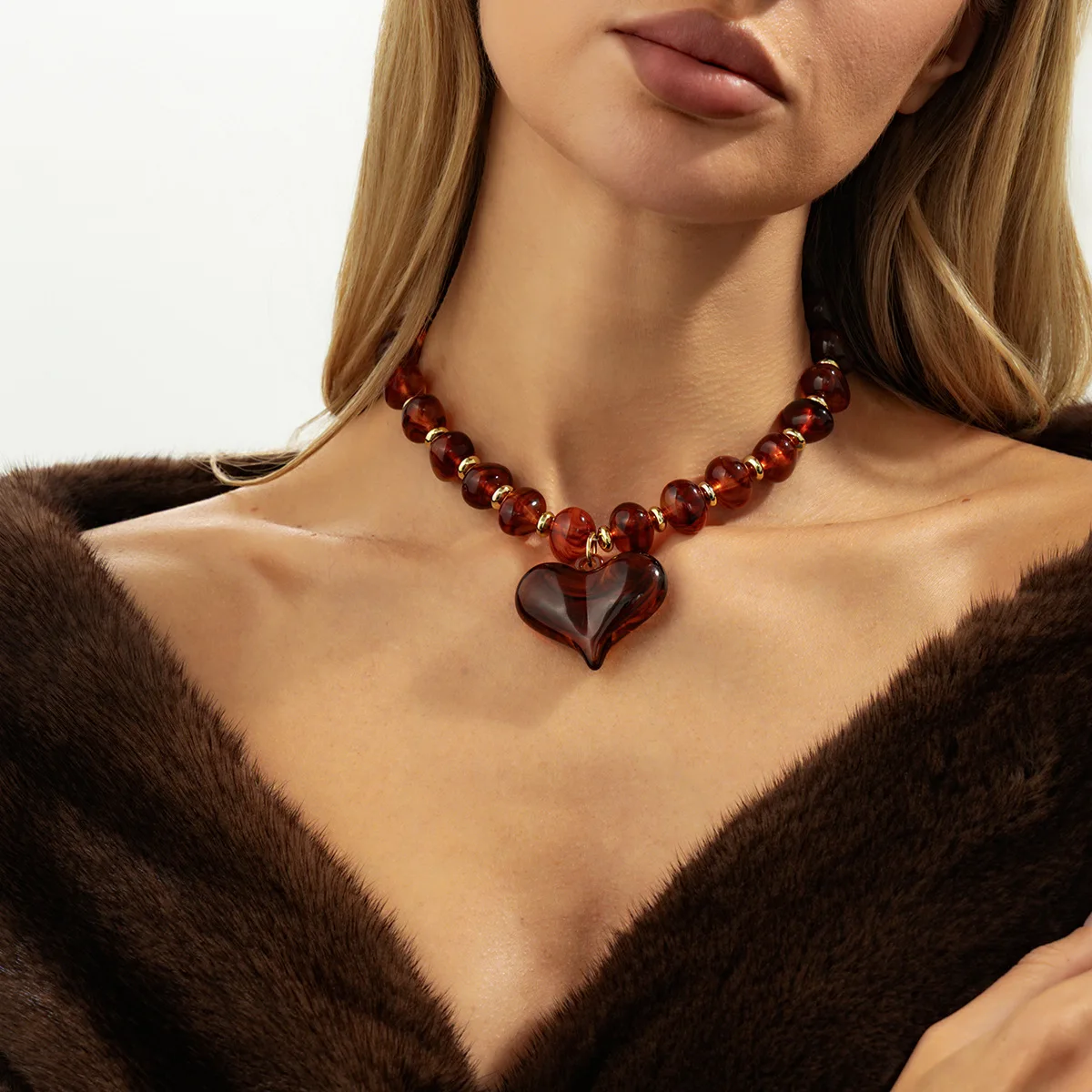 High Quality Amber Heart Pendant Necklace for Women Simple Exaggerated Design Layered Round Bead Choker Daily Use