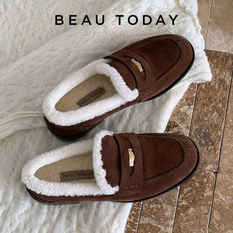 

BEAUTODAY Furry Flats Women Cow Suede Lamb Wool Warm Penny Loafers Female Winter Shoes Handmade 27855
