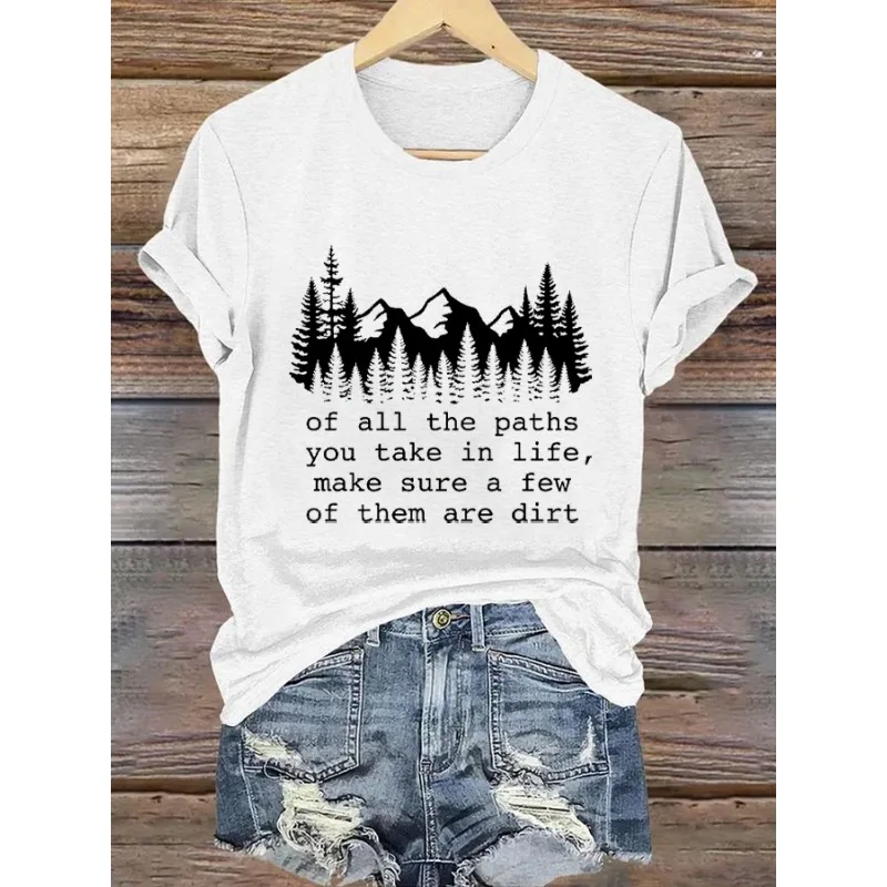 ilstile Women's Forest Letter Print T-Shirts Summer Short Sleeve Casual Round Neck Tops White Black Blue Green Tees NEW