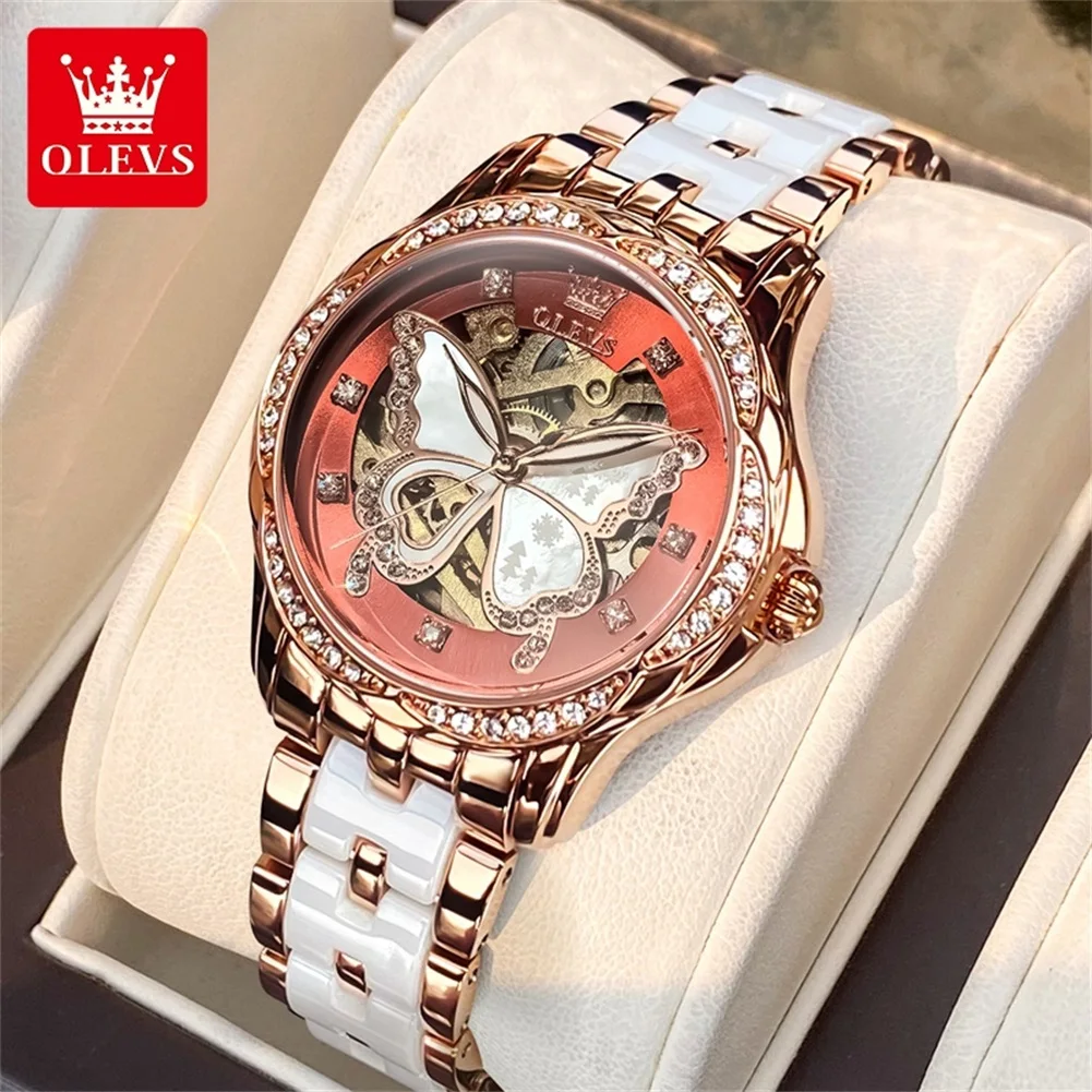 OLEVS 6622 Women's Watch Skeleton Automatic Mechanical Watch Diamond Dial Waterproof Luminous Wristwatch Top Brand Luxury Reloj