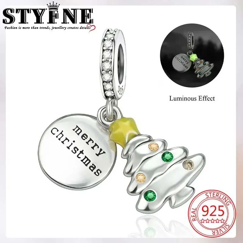 Symbols 2025 Navidad Beads 925 Sterling Silver Luminous Series-Green Star Merry Christmas Tree for Women's Jewelry DIY Gift