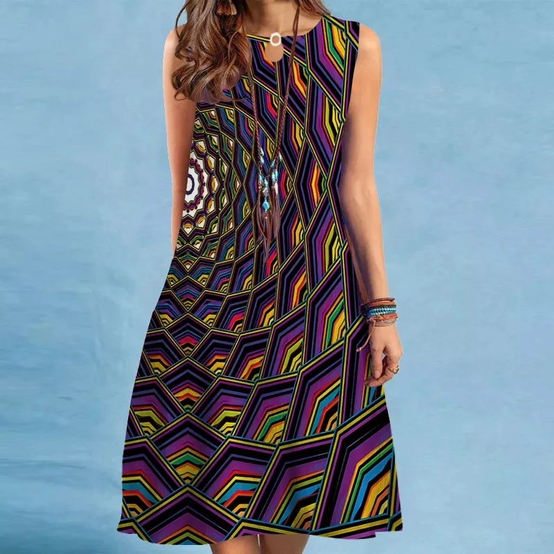 

2023-Border Retro Sleeveless European and American Long Dress round Neck Printing Foreign Who