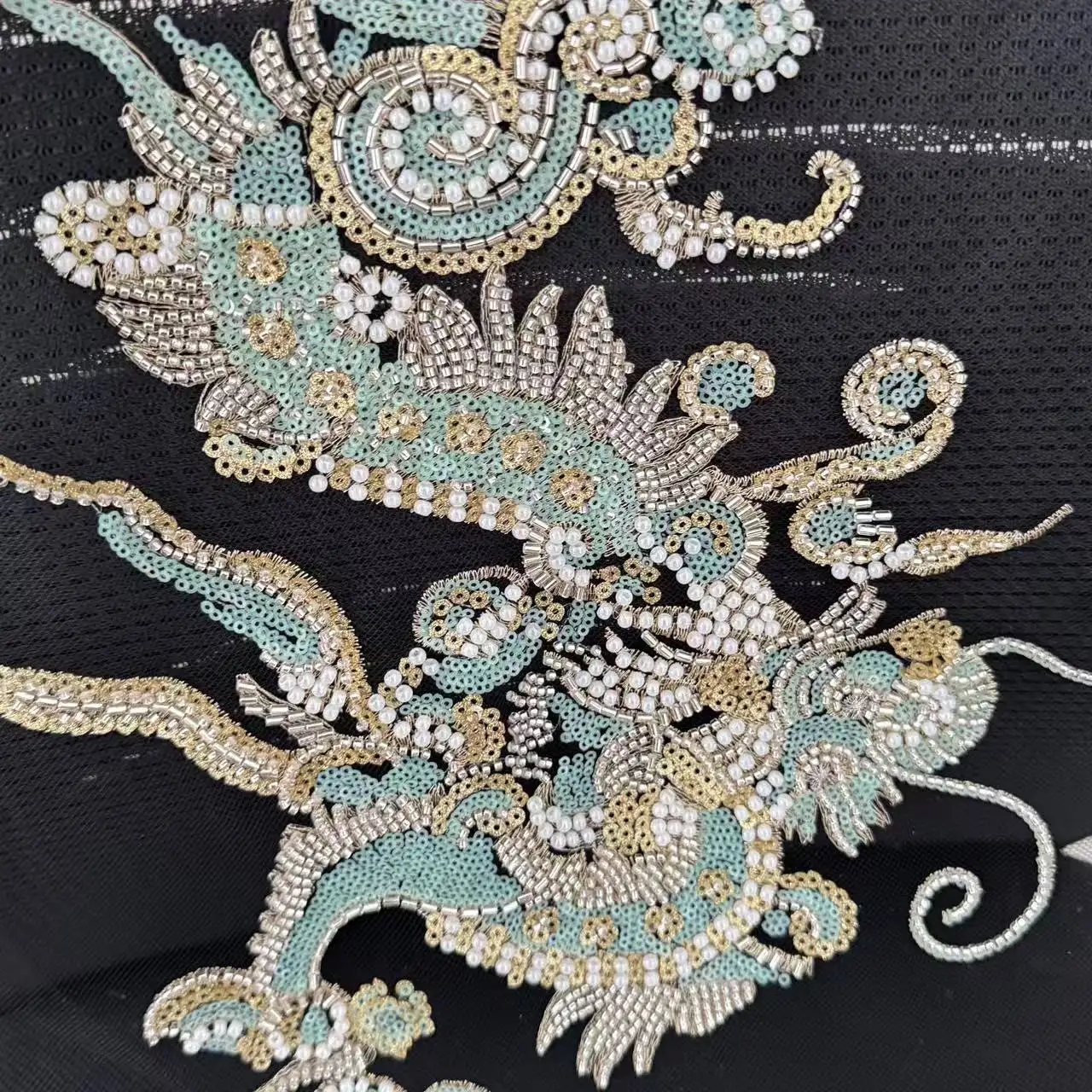 

4PCS=1Set Chinese Style Embroidery, Black Background Mesh, Blue Golden Dragon Pearl Bead Lace Applique