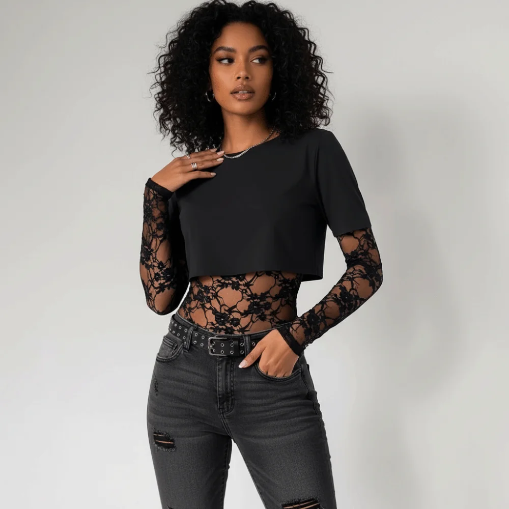 

Personality Patchwork Lace Patch T-Shirt Mesh Transparent Long Sleeve Slim-Fit Crop Top Solid Color False Two-Piece Top Party