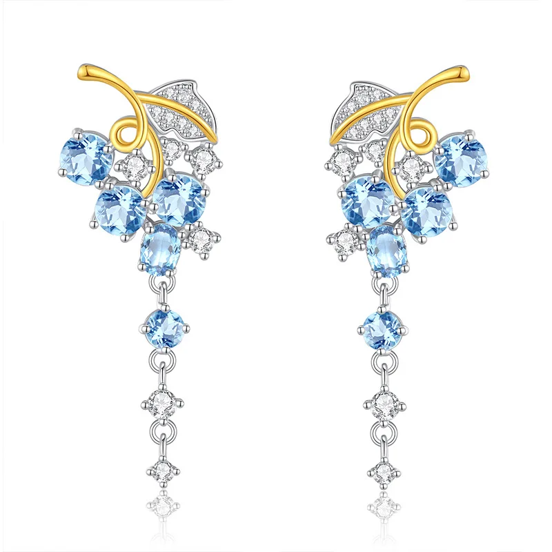 

925 Sterling Silver Natural Blue Topaz Citrine Amethyst Garnet Leaf Shape Drop Earrings for Women Fine Wedding Gift Jewelry