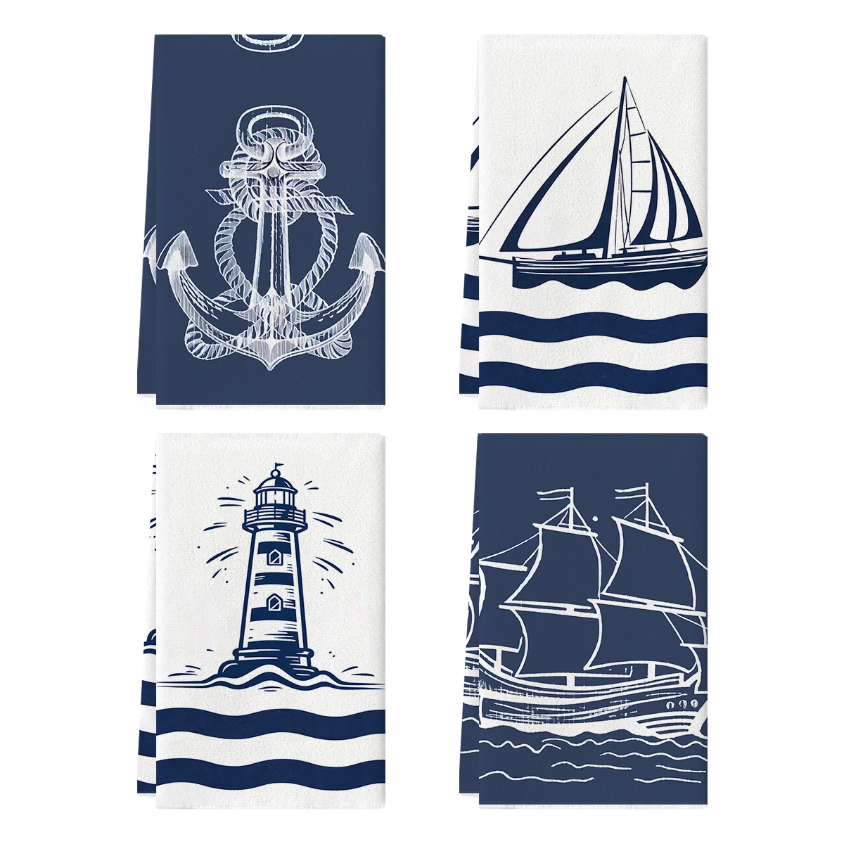 2/4pcs Retro Line Drawing Sea Breeze Elements Kitchen Towels, Absorbent Soft Kitchen Tea Towel Set, Kitchen Decorations