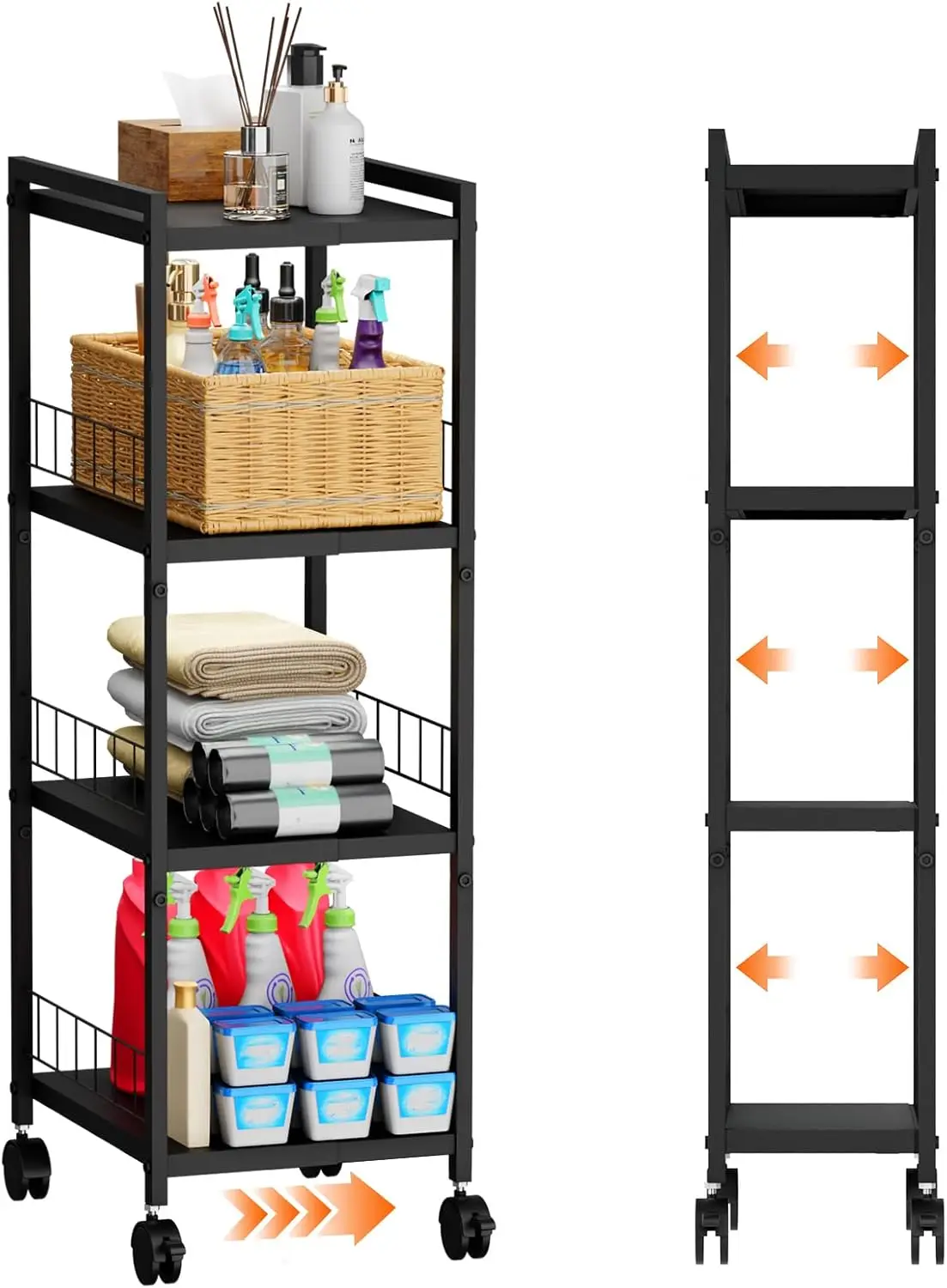 

Expandable Slim Storage Cart with Wheels, 4 Tier Narrow Metal Rolling Utility Cart Organizer Adjustable Open Floor Shelf