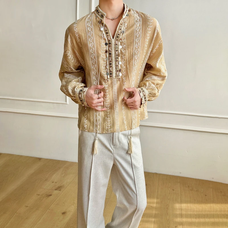WTHT Fashion Men's Embroidery Striped Tassel Loose T-shirt Trendy 2026 Summer Stand Collar Button Long Sleeves Shirt Male 2A3089