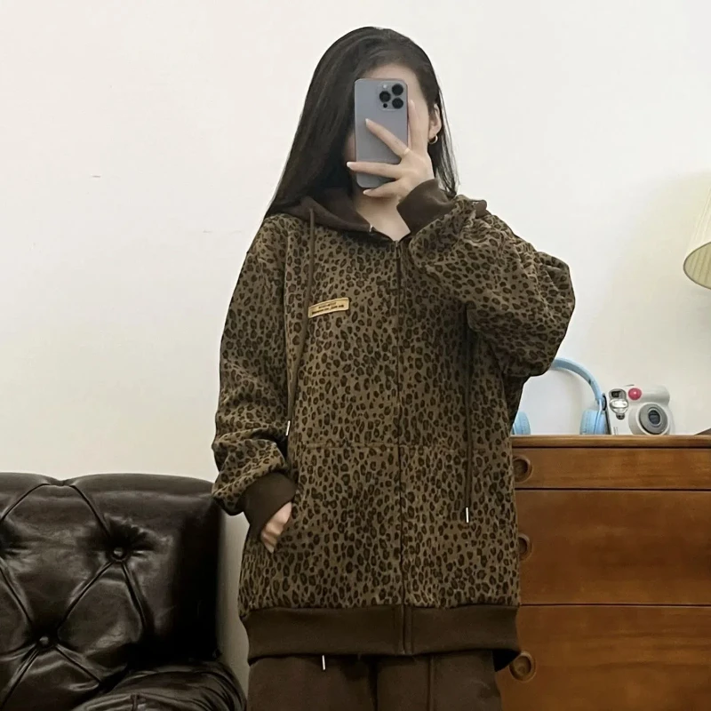 

Retro Hooded Zipper Leopard Cardigan Sweatshirt for Women Loose Slim Versatile Top