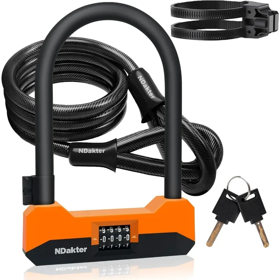 

Heavy duty antitheft bike lock with 18mm Ulock and 5FT cable featuring 4digit resettable combination includes 2 keys and mounti