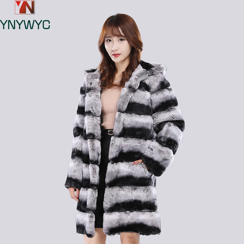 2025 Real Fur Coat With Hood Jacket Long Winter Coat Large Fur Hood Rex Rabbit Chinchilla Fur Hooded Jacket Women Real Fur Coat